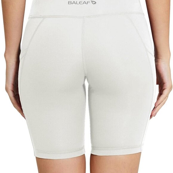 Women's High Waist Yoga Biker Shorts with Pockets, 8" Inseam, White - Picture 3 of 4